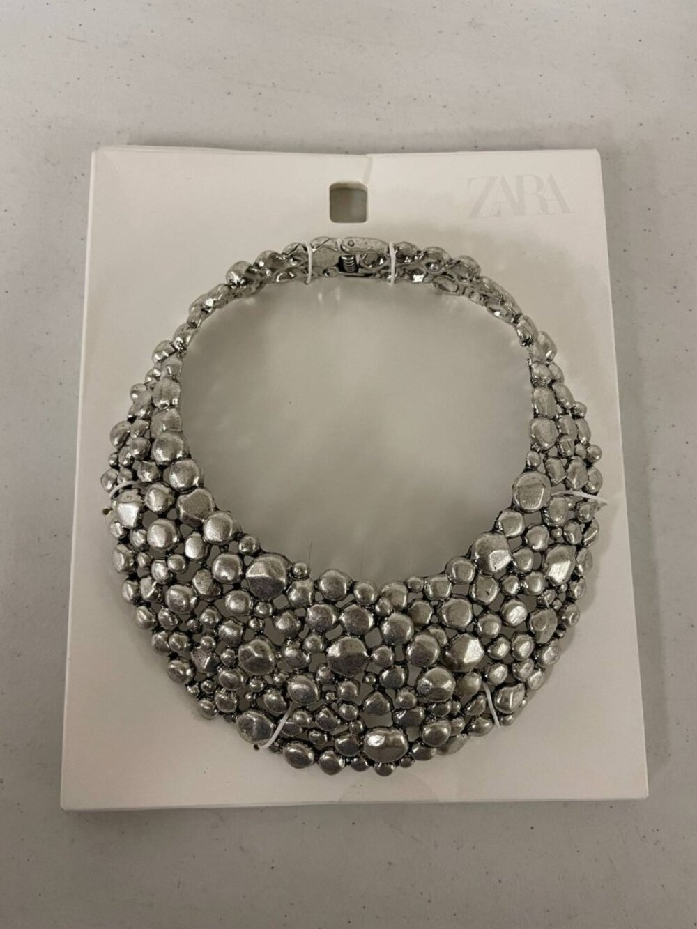 Zara Silver Tone Textured Bib Necklace Statement Collar New with Tags